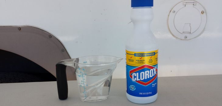 Bleach and supplies used in RV fresh water tank maintenance