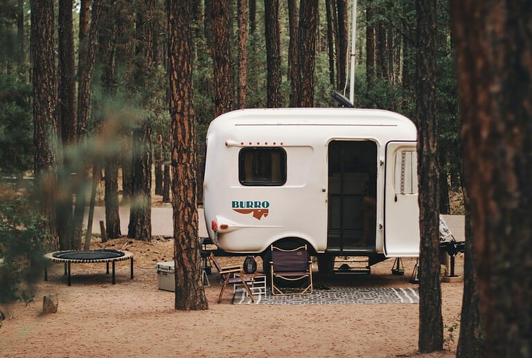 Travel trailer beside a picnic table at a wooded campsite